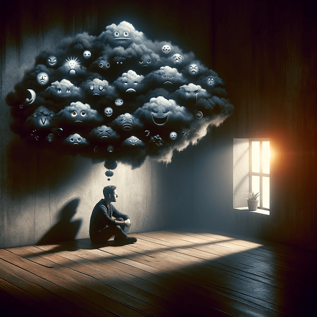 DALL·E 2024-01-08 19.40.46 - A realistic photographic-style image depicting the concept of emotions affecting physical and mental health. The image shows a person sitting alone in